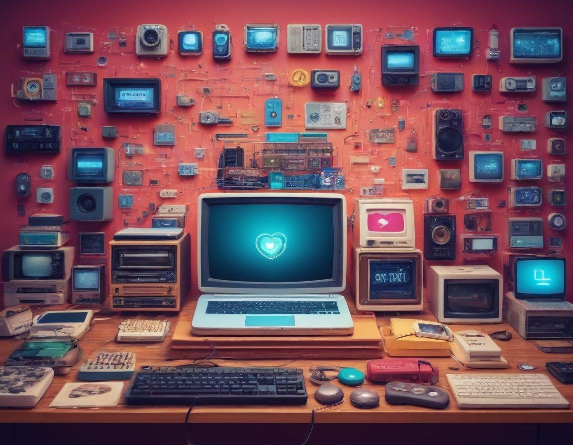 A vibrant timeline illustrating the evolution of content creation, featuring an array of devices like vintage computers, smartphones, and influencer platforms, surrounded by diverse creators from different eras. Each section showcases iconic social media logos and content types like blogs, videos, and podcasts, intertwined with digital icons and symbols of engagement like hearts and comments. The background transitions from retro to modern aesthetics, showcasing the shift in technology and style. digital art. vibrant colors. 3D elements.