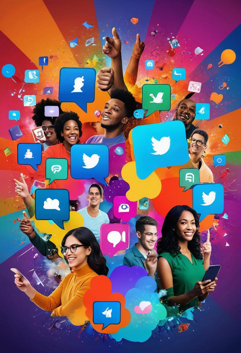 A dynamic digital collage showcasing diverse individuals creating and sharing content on various devices, surrounded by an explosion of colorful user-generated posts, comments, and likes. Incorporate elements like social media icons, thumbs up, and chat bubbles to illustrate engagement and community. The backdrop should feature a vibrant virtual landscape symbolizing the digital world. super-realistic. vibrant colors. 3D.