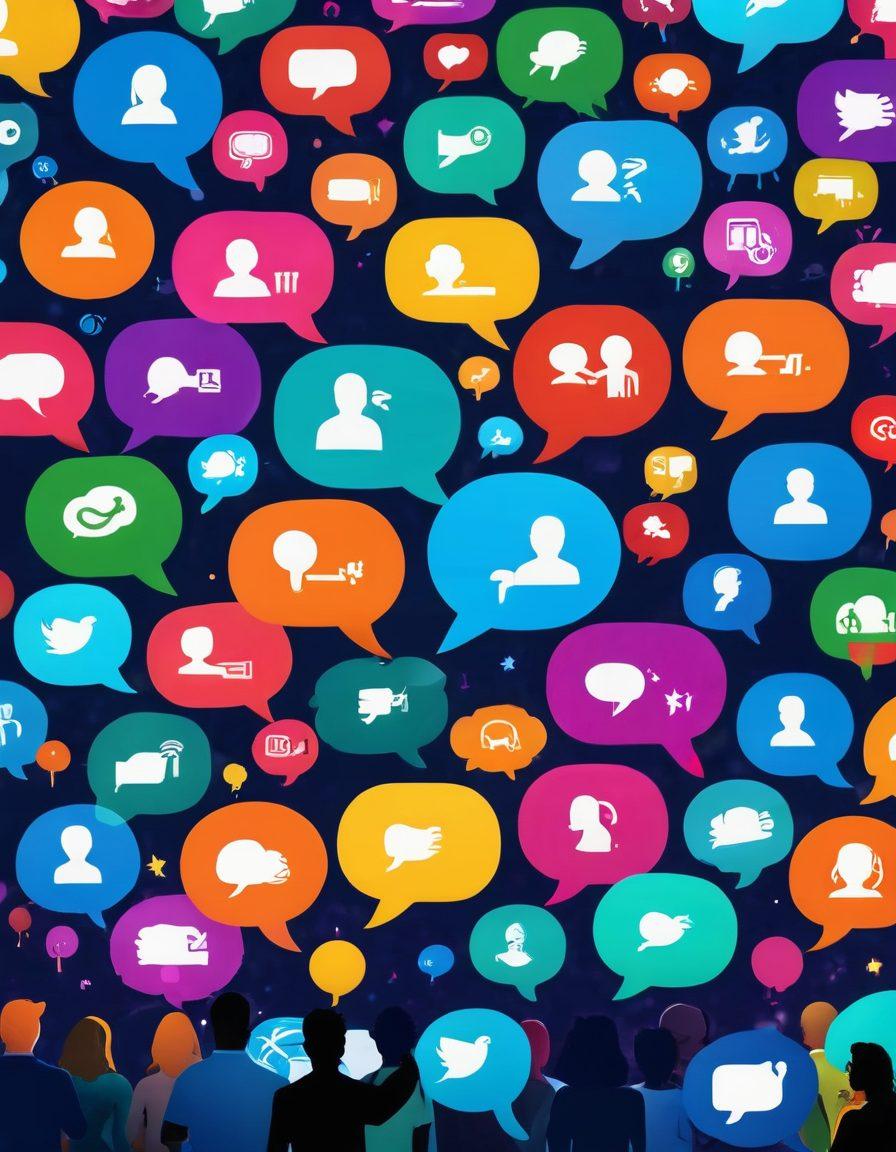 A diverse group of people engaging in a vibrant online community, with colorful chat bubbles and icons representing various interests. The background features digital platforms like social media feeds and forums, symbolizing connection. The scene is lively, showcasing interaction through comments and likes, with symbols of teamwork and friendship. super-realistic. vibrant colors. 3D.